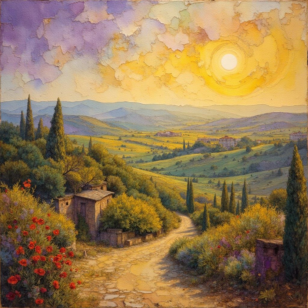 Tuscan Villas and Vineyards in Impasto Oil Painting
