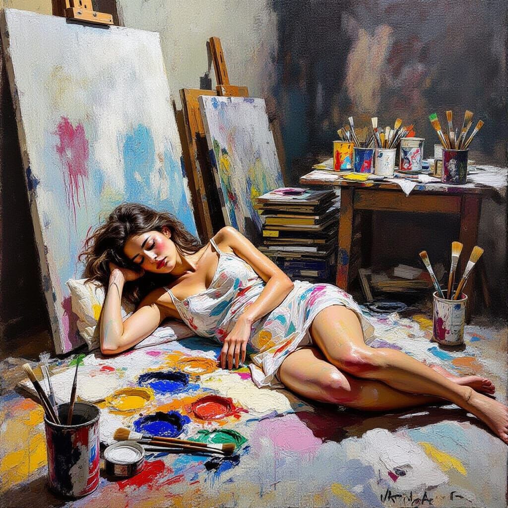 Woman Sleeping in Chaotic Artist Studio Oil Painting