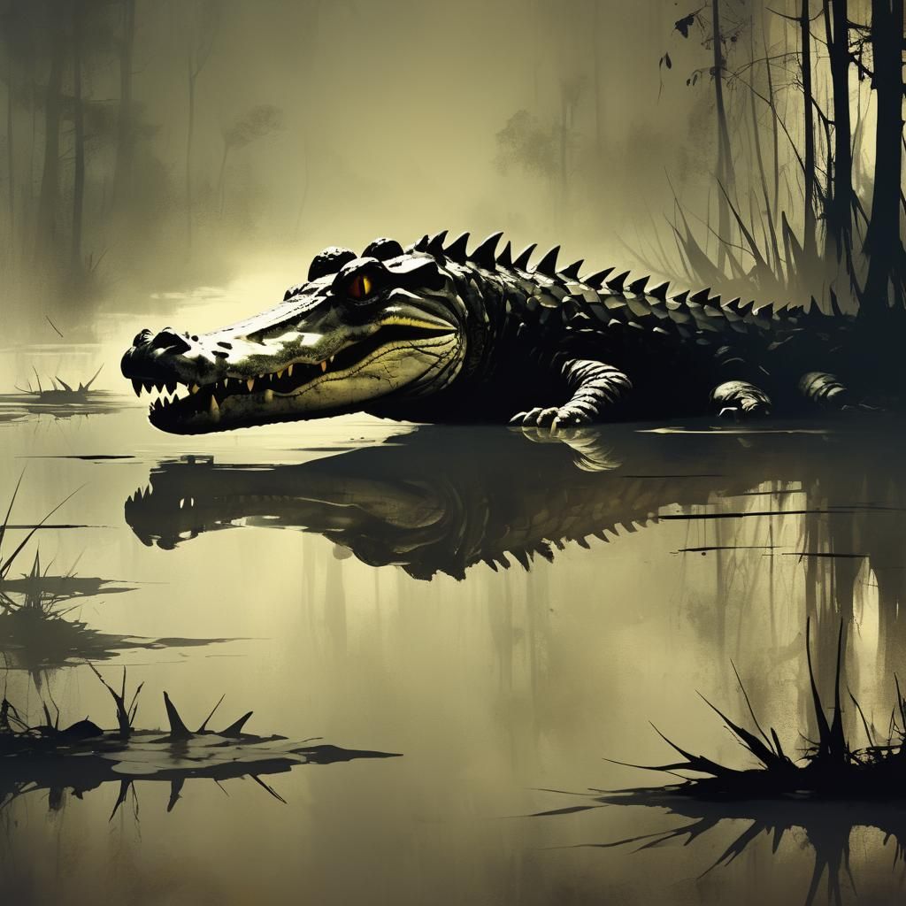 Alligator in Haunted Swamp with Chiaroscuro Lighting
