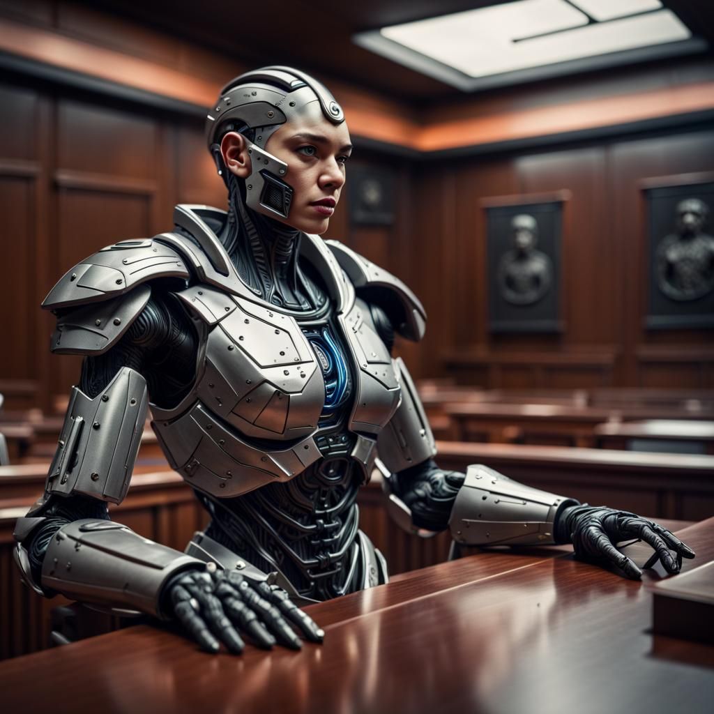 Cyborg Lawyer in Hyperrealistic Futuristic Courtroom