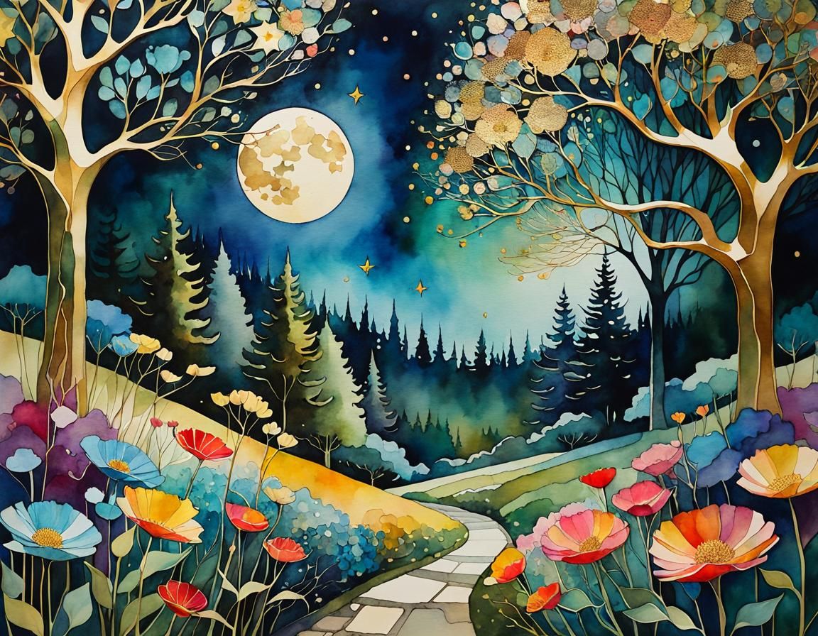 Whimsical Night Garden Landscape in Watercolor
