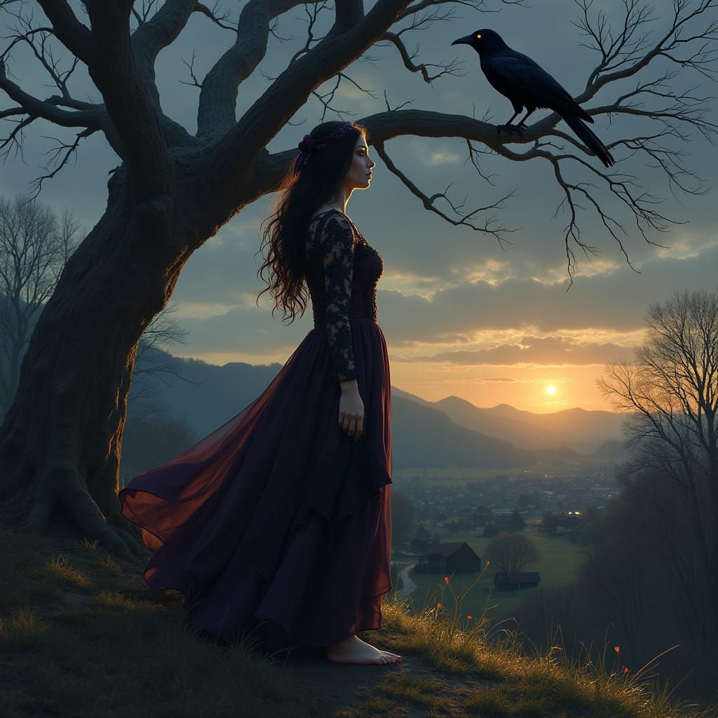 Mysterious Gothic Beauty with Raven and Village