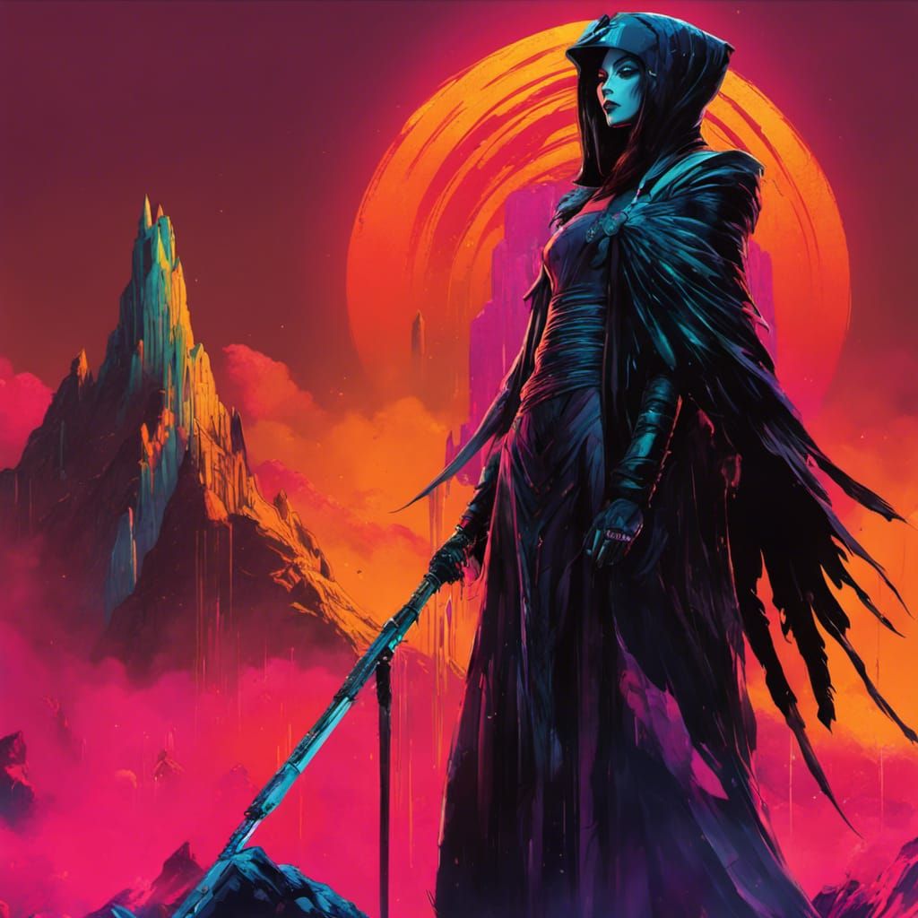 Raven Priestess in Cyberpunk Graffiti Style