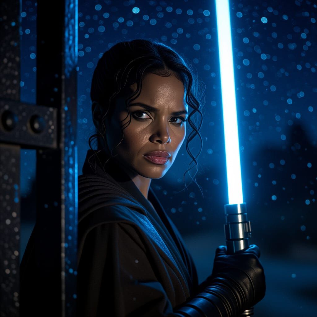 Jedi Knight Halle Berry Defends Gate Under Starry Night