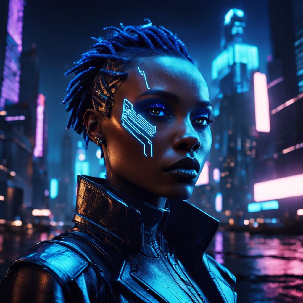 Cyber Goth Goddess in Neon Cityscape