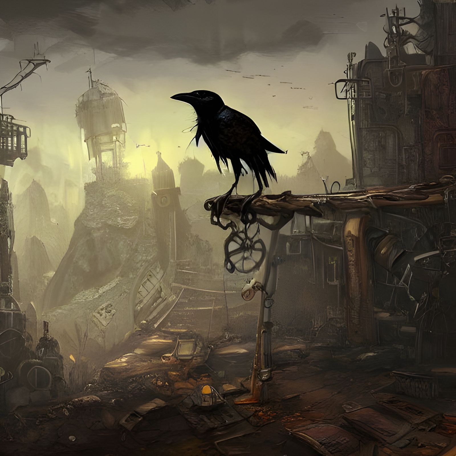 Steampunk Crow in Post-Apocalyptic Landscape