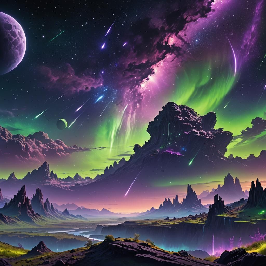 Purple Aurora and Shooting Stars in Space