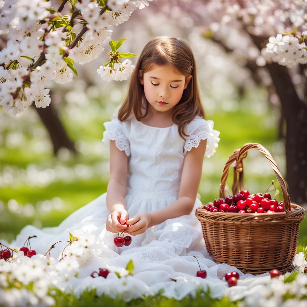 Girl with Cherries Under Blooming Cherry Trees