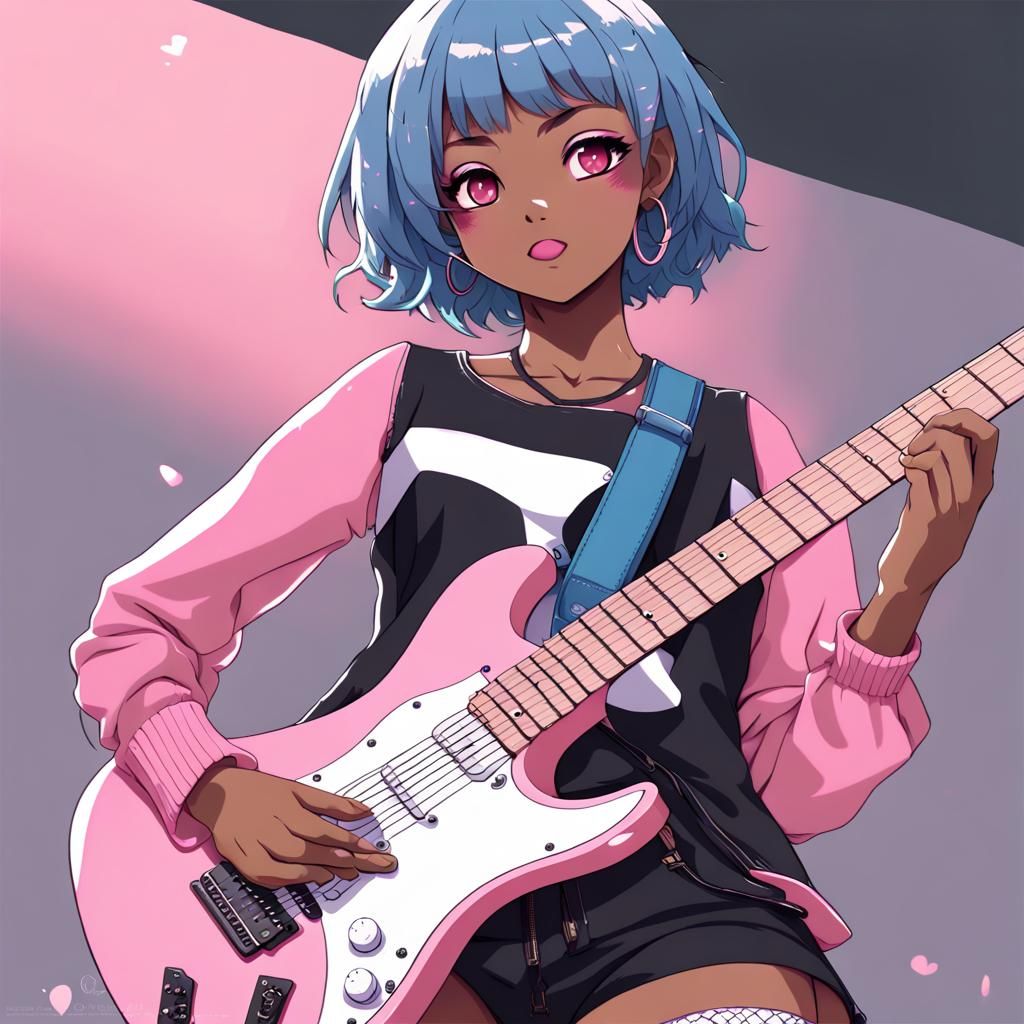 Anime Style African American Girl with Pink Guitar