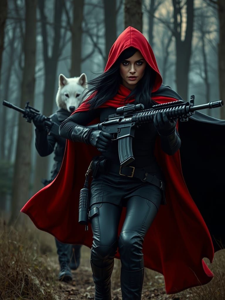 Woman in Red Hooded Cloak Storming Forest