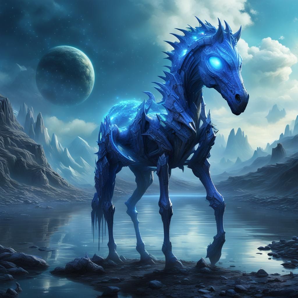 Blue Sparkling Alien Mare on Distant Planet