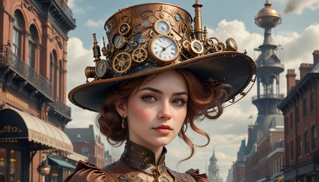 Steampunk Woman with Clockwork Hat in Victorian City