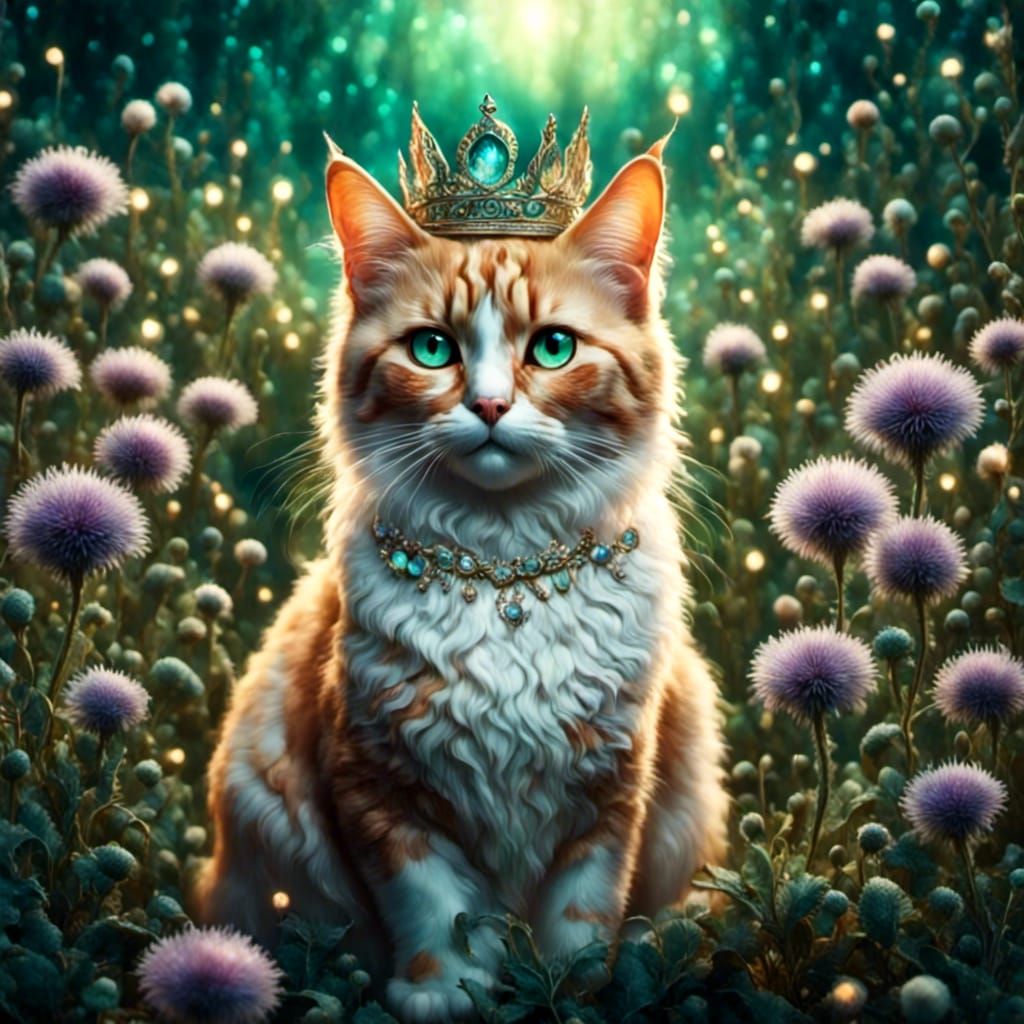 A light colored calico cat wearing a jeweled crown, sitting ...