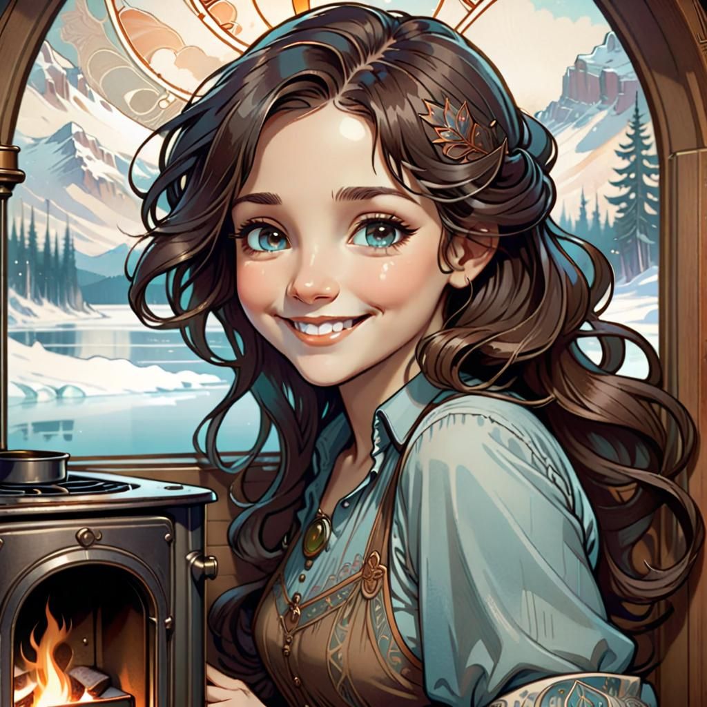 Charming Chibi Woman in Art Nouveau Style