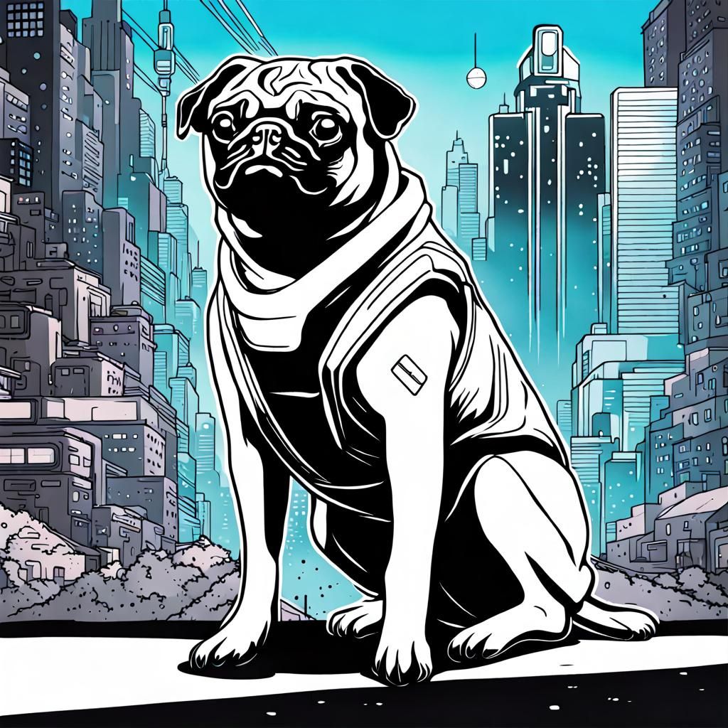 Pug in Cyberpunk Cityscape Line Art