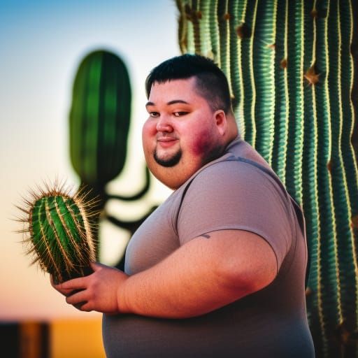 Fat man hugging a cactus