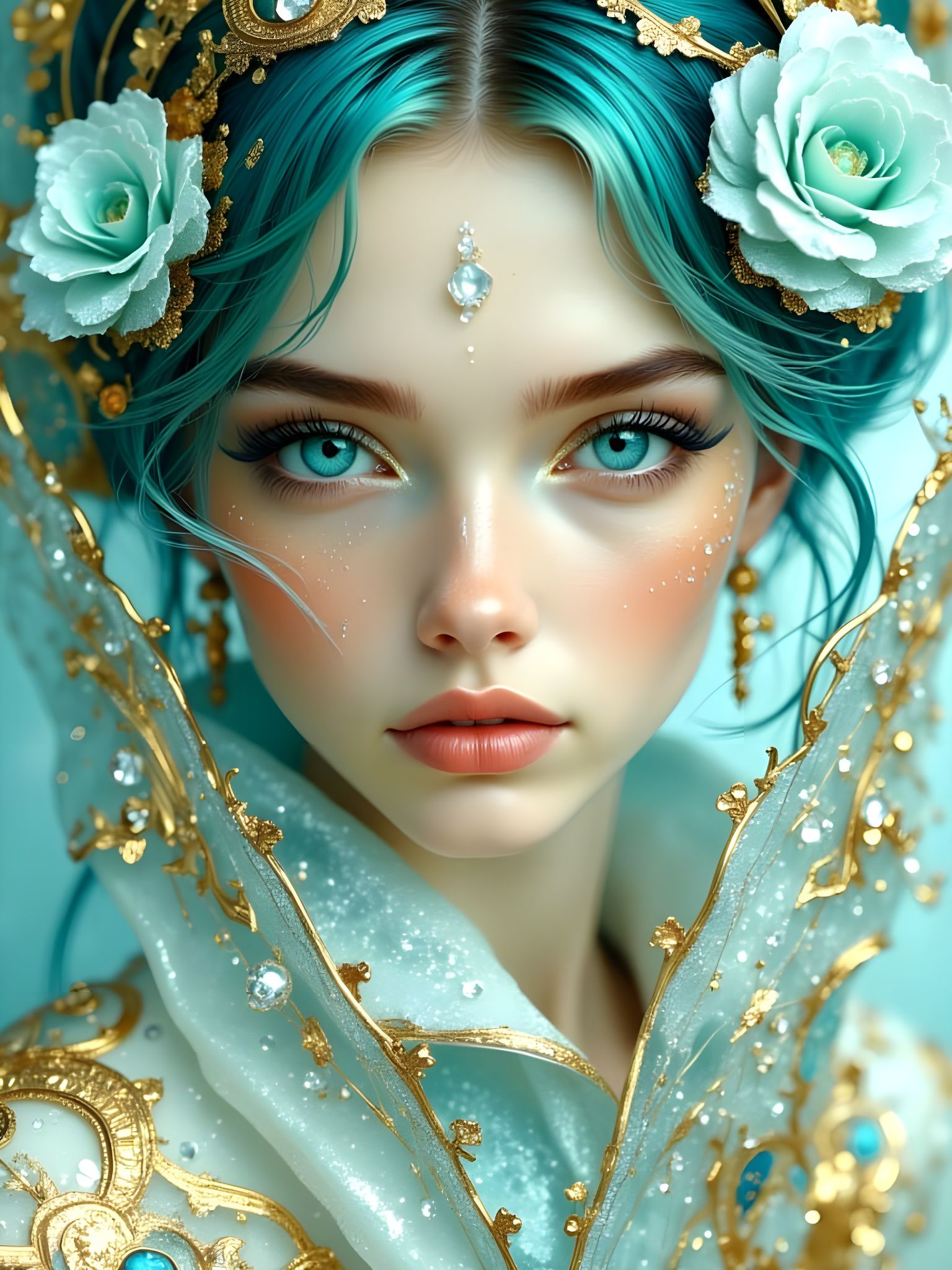 Abstract Surrealist Ice Queen Portrait with Gold