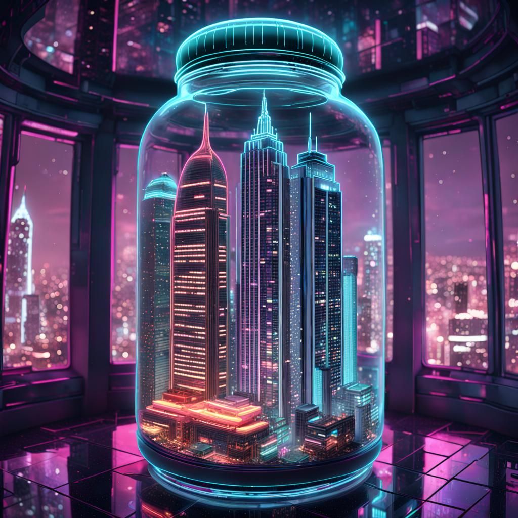 Neon Retro Skyscraper Inside Clear Jar in HDR