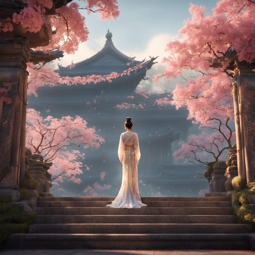 Chinese Goddess of Harmony Descends Temple Steps