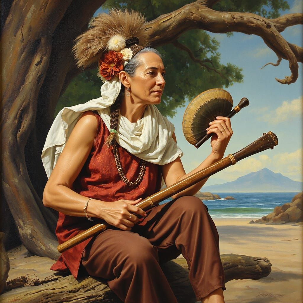 Didgeridoo Grandma: Oil Painting Portrait