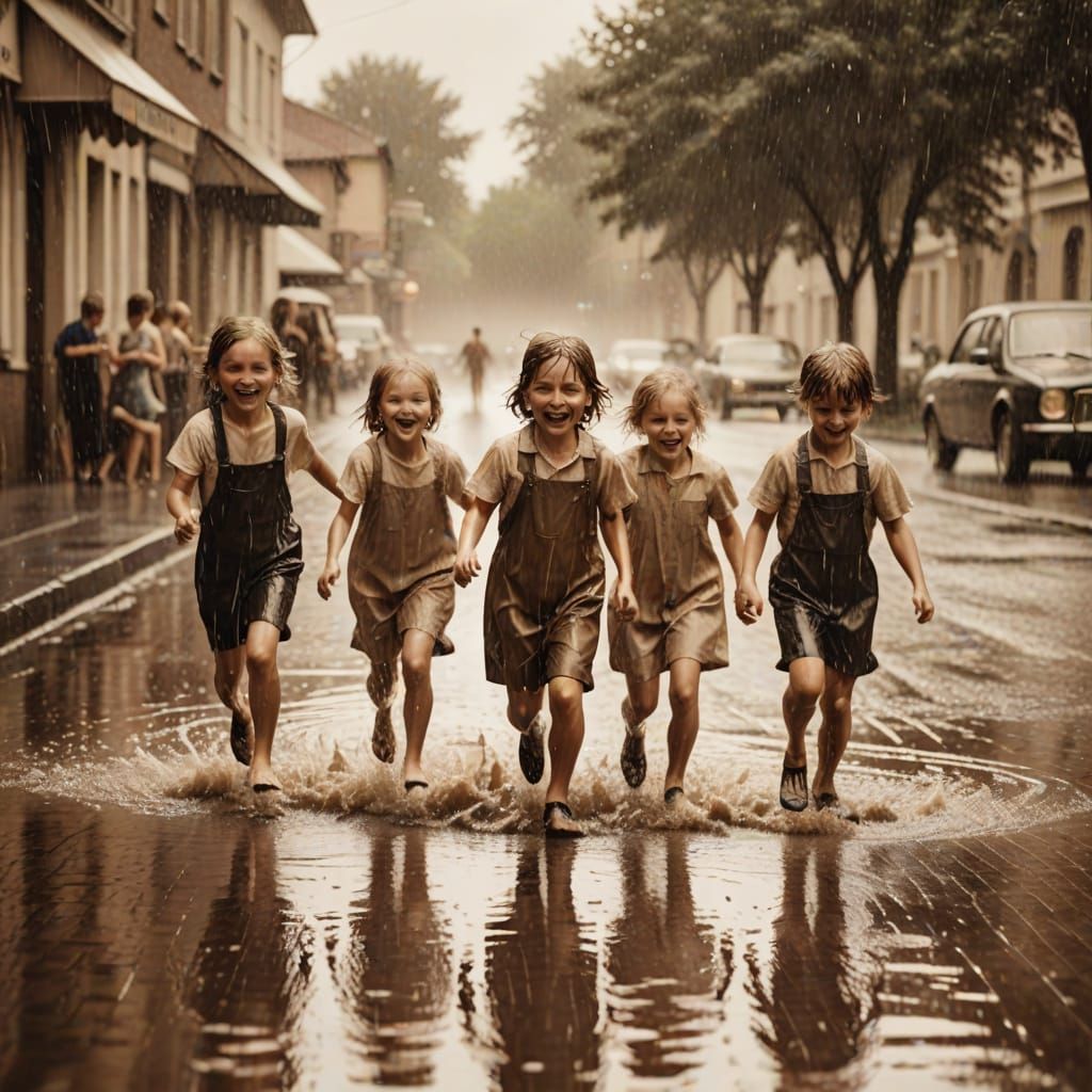 Children Playing in Summer Rain: Vintage Photograph