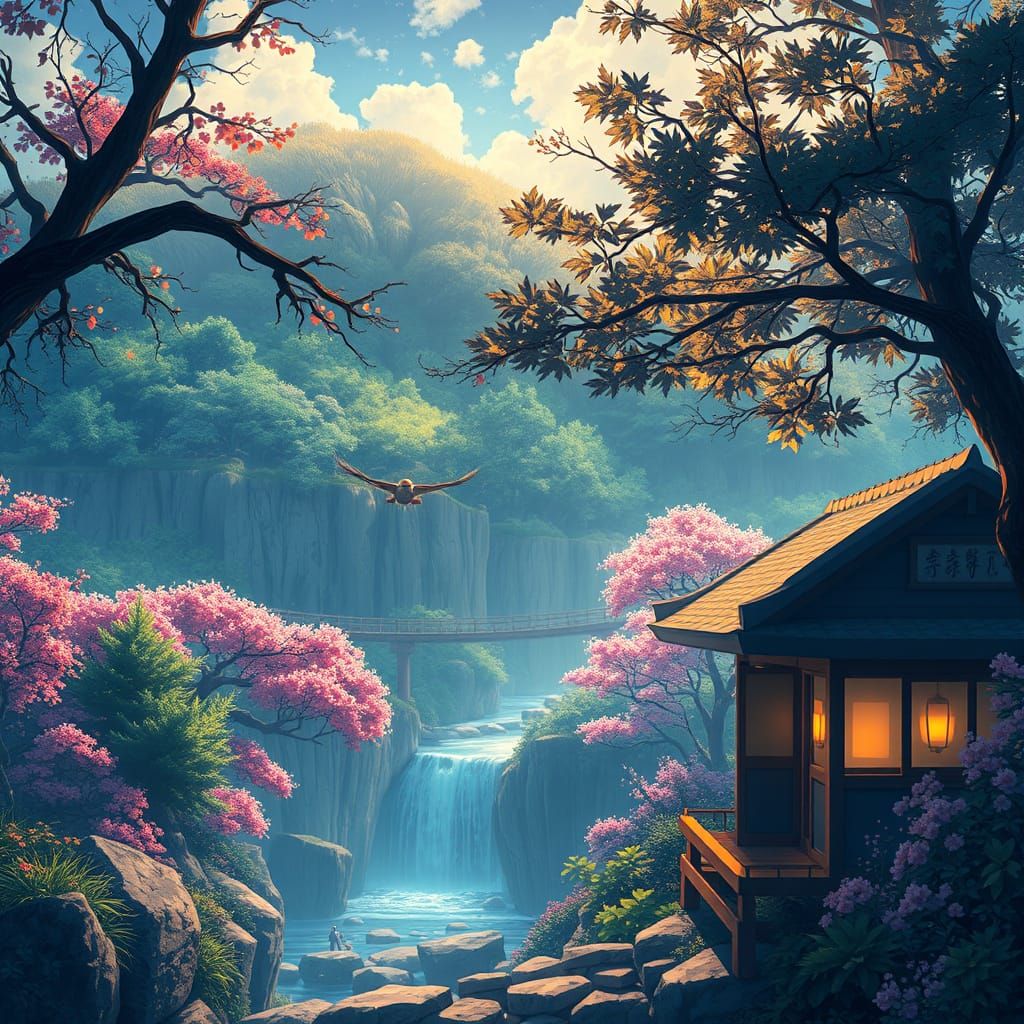 Surreal Anime Landscape with Soft Lighting and Intricate Det...