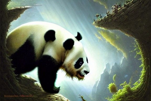 Gravity Defying Panda in Lush Dark Fantasy Landscape