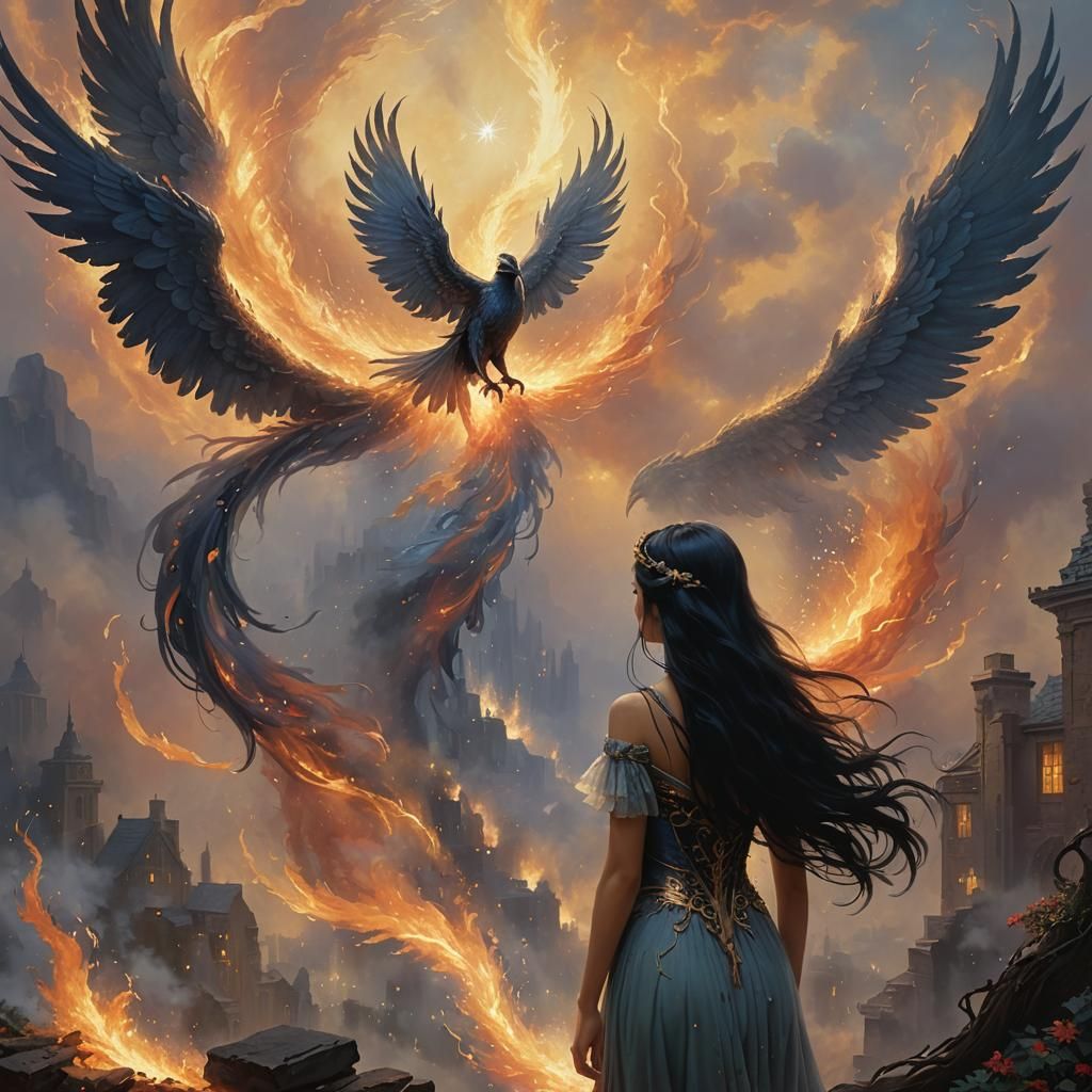 Ethereal Phoenix Rising from Ashes in Fantasy Style