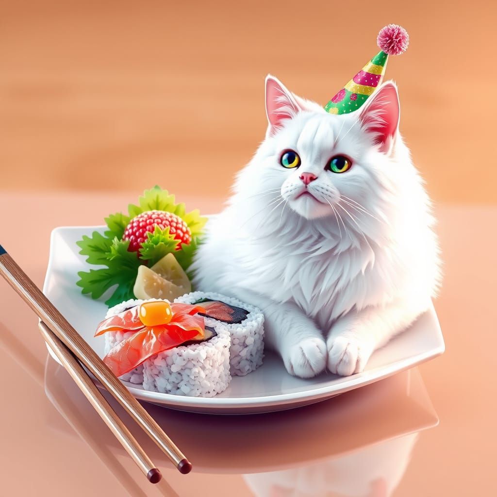 Vibrant Sushi Party with Elegant Cat