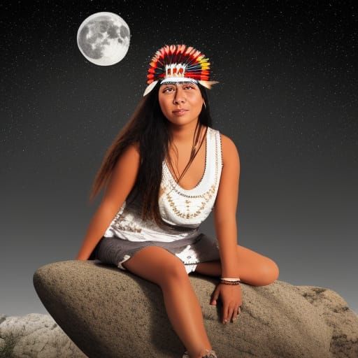 Native American Woman Under Moon, Digital Art