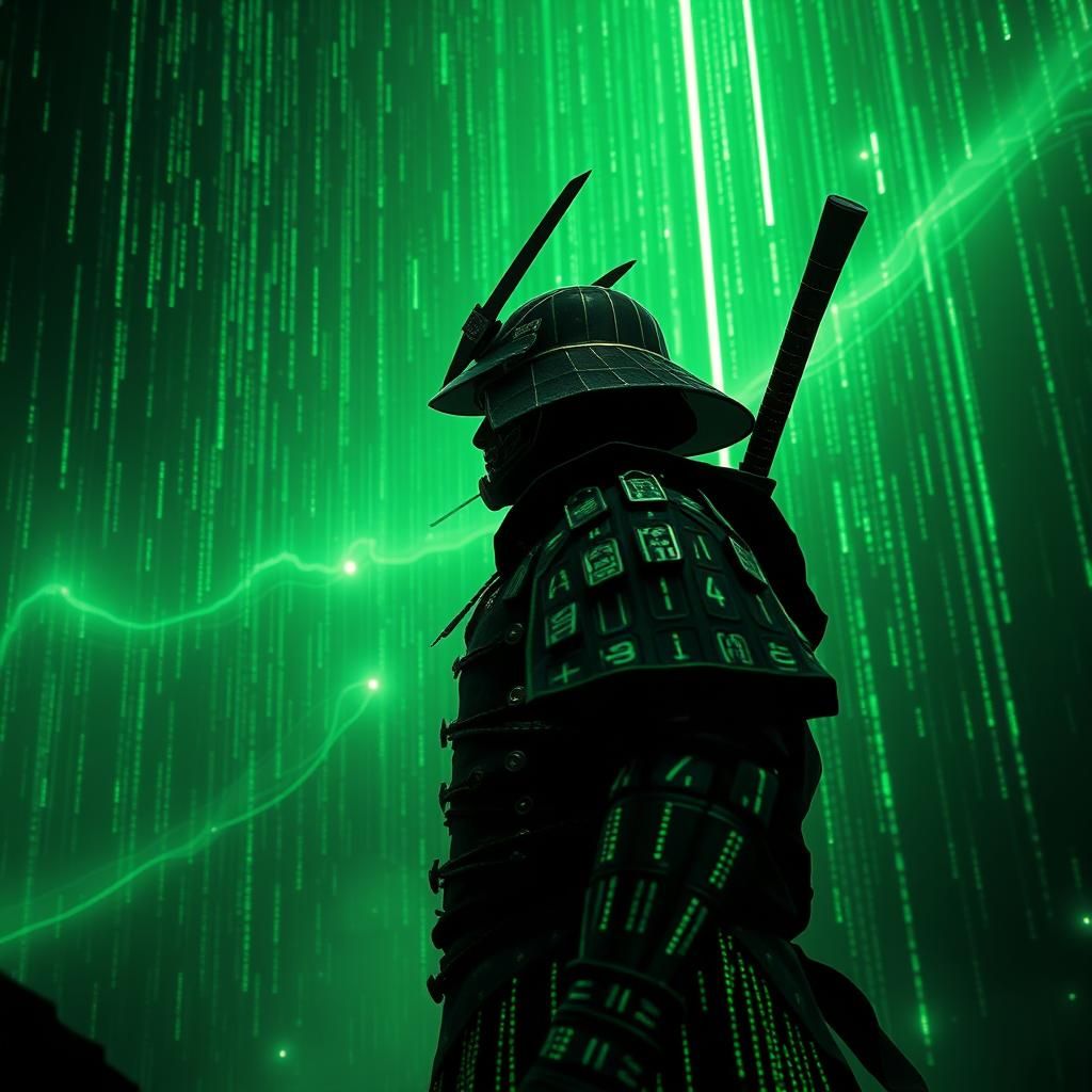 Samurai in Luminescent Cyberpunk Digital Space