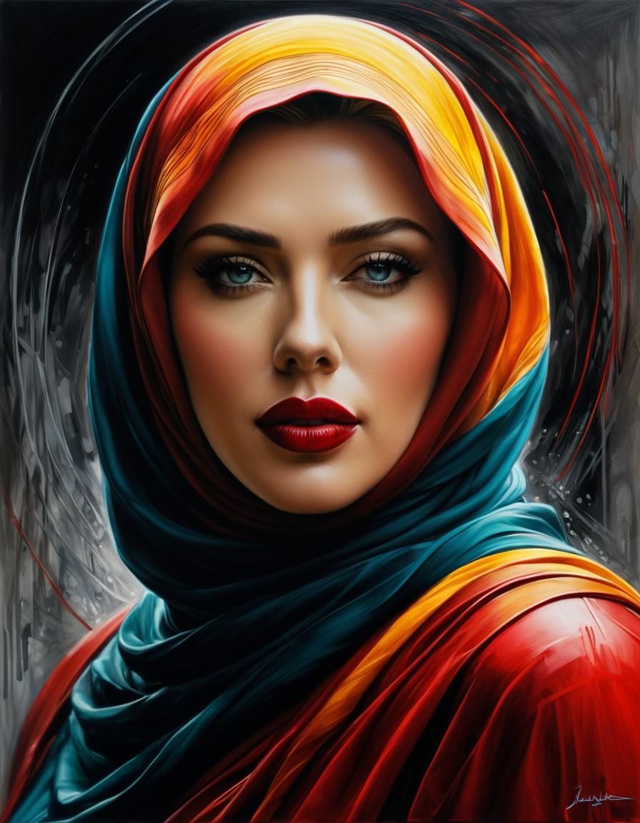 Hyperrealistic Oil Painting of Overweight Woman in Hijab