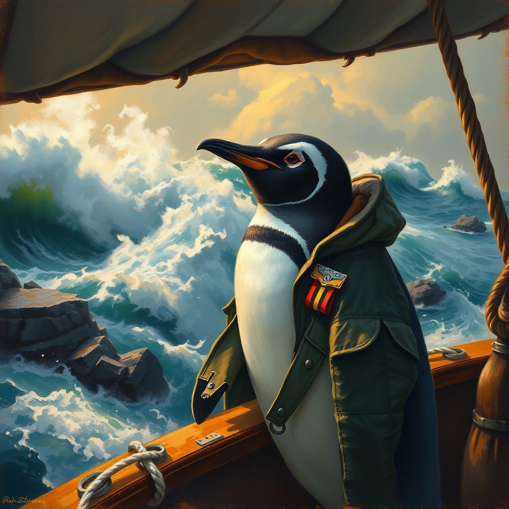 Penguin Braving Treacherous Seas in a Golden Light