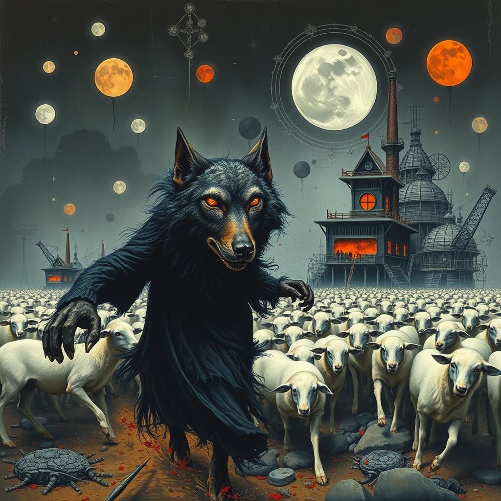 Dystopian Wolf Herds Sheep to Slaughterhouse