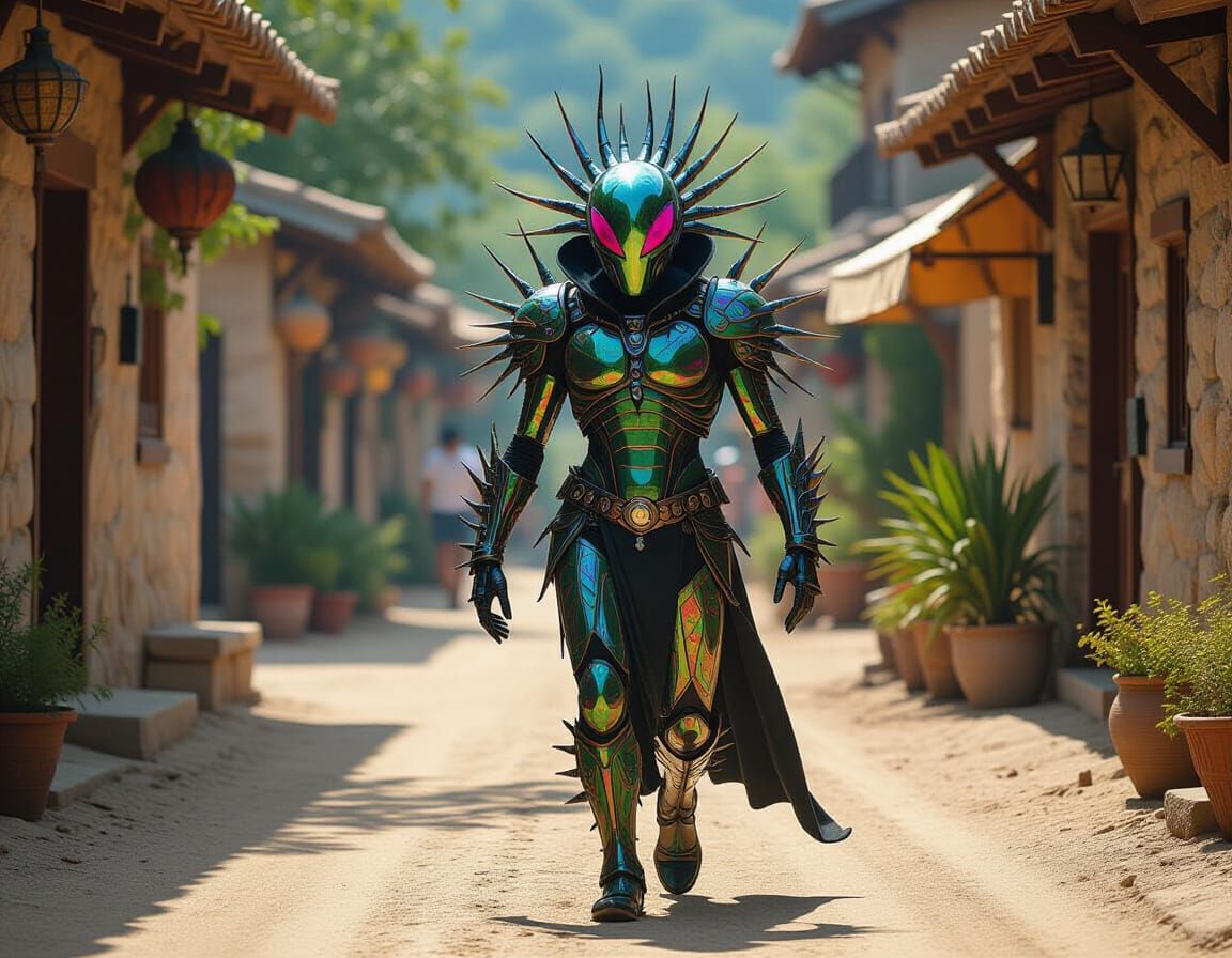 Bioluminescent Alien Walks Sandy Street: Hyperrealistic Art