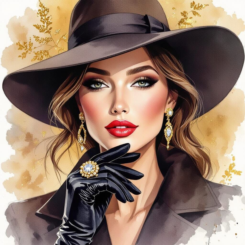 Elegant Watercolor Portrait of Woman in Hat with Gold Ring