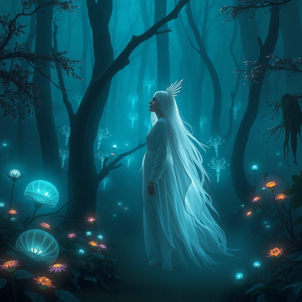 Ethereal Woman in Bioluminescent Forest, Surreal Fantasy