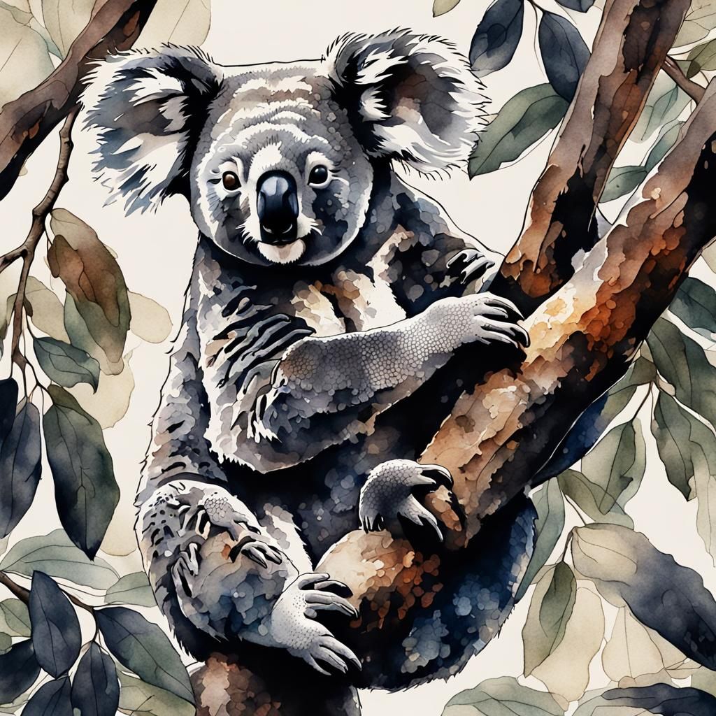 Moody Watercolour Koala in Gumnut Tree Scene