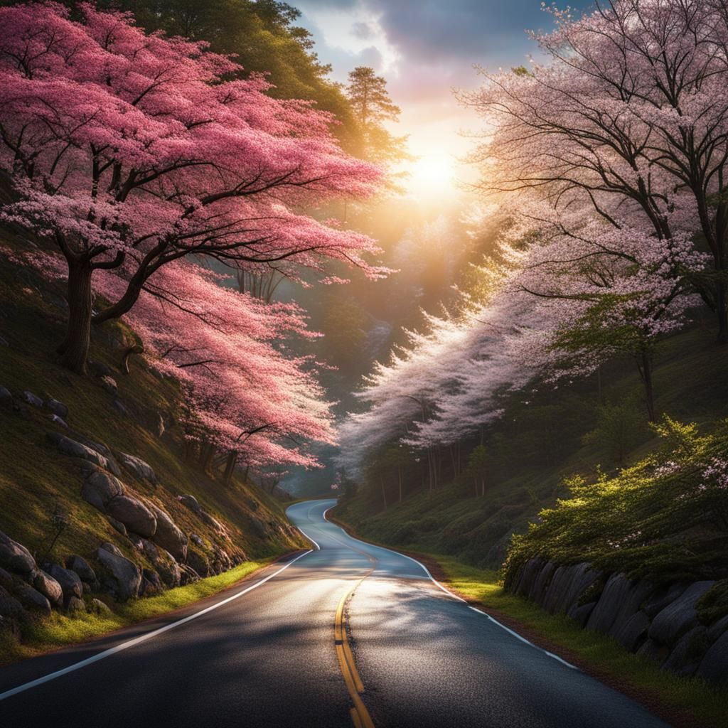 Mountain Road in North Carolina with Dogwood Trees