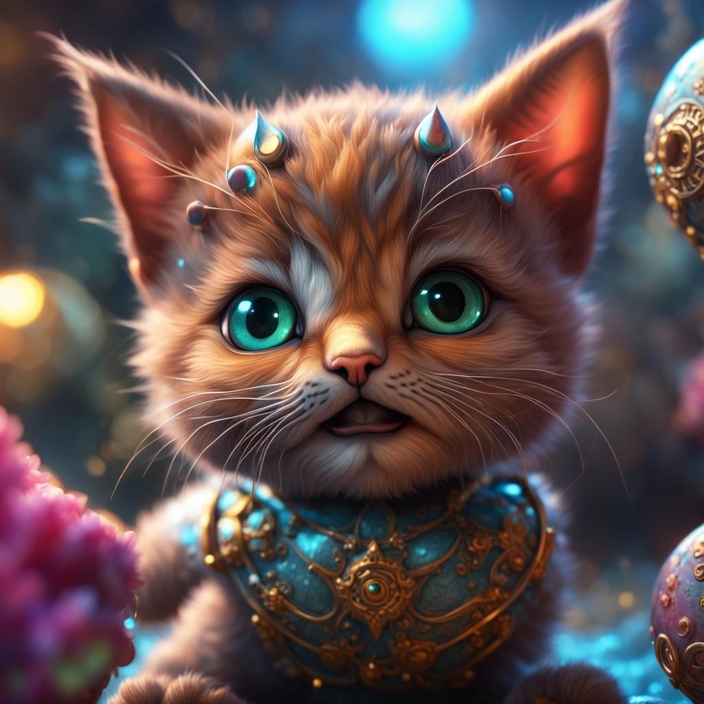 Fantasy Baby Cat Portrait in Hyperdetailed Dark Art