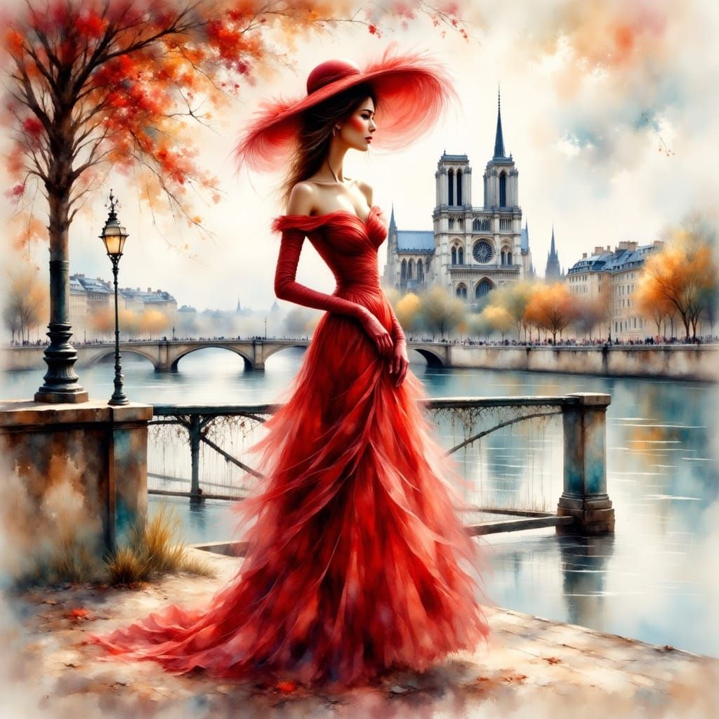 Elegant 1850s Woman in Red Dress by Seine River