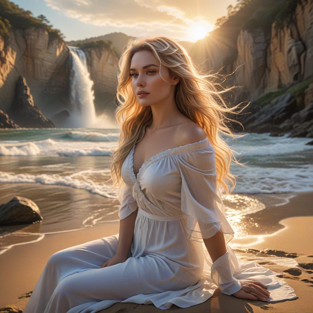 Ethereal Goddess Amidst Majestic Cliffs in Golden Hour