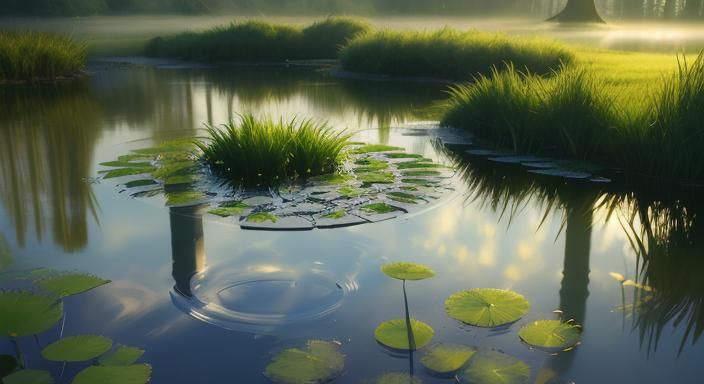 Misty Pond at Sunrise with Lush Ferns