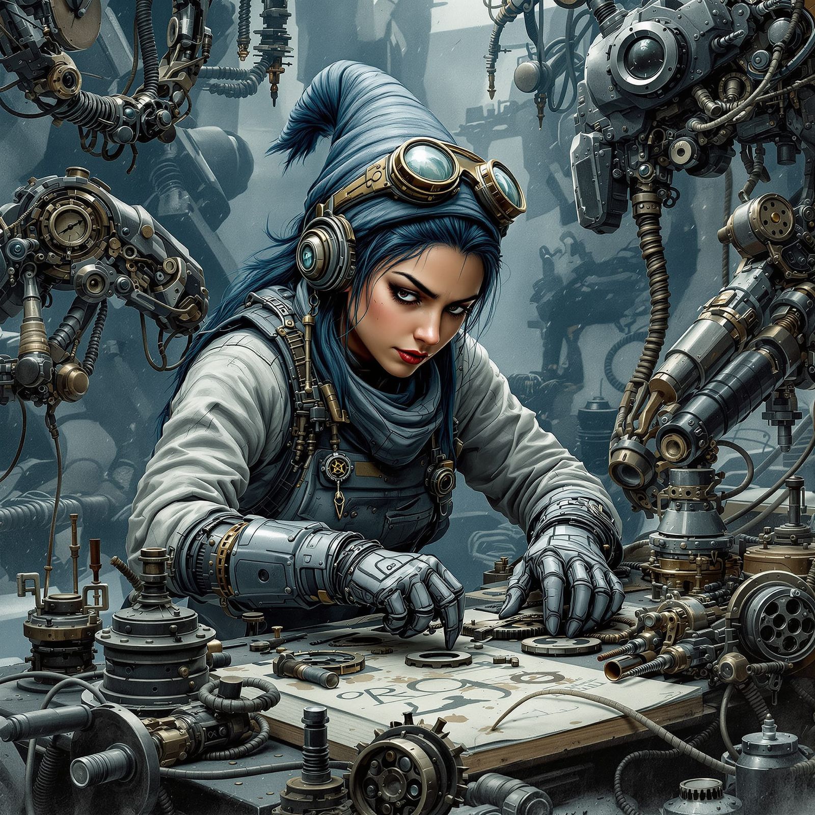 Steampunk Gnome Engineer in Ink Painting Style