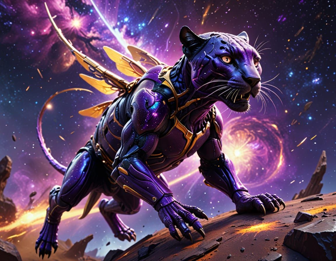 Panther Grasshopper Leaping Between Planets in Sci-Fi Art