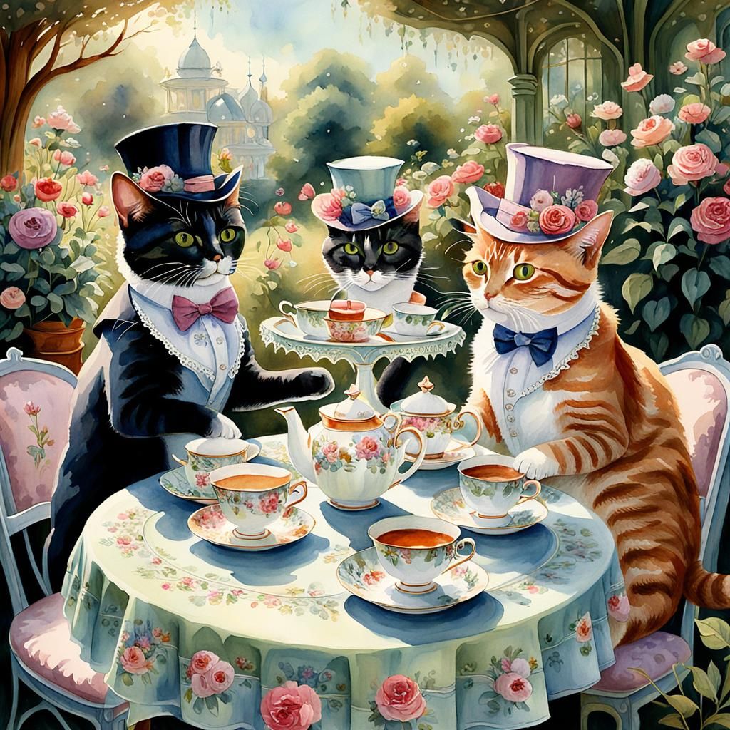 Paint a scene of cats having a delightful tea party in a lus...