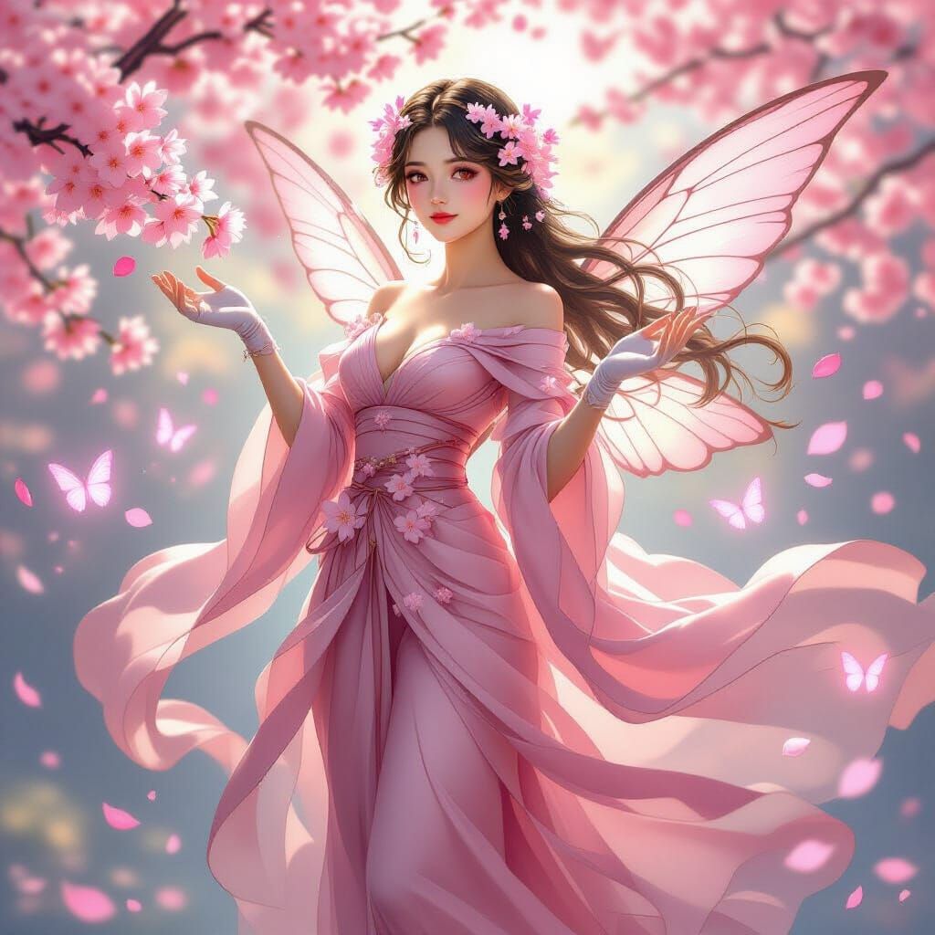 Ethereal Cherry Blossom Spirit Maiden in Art Nouveau Style