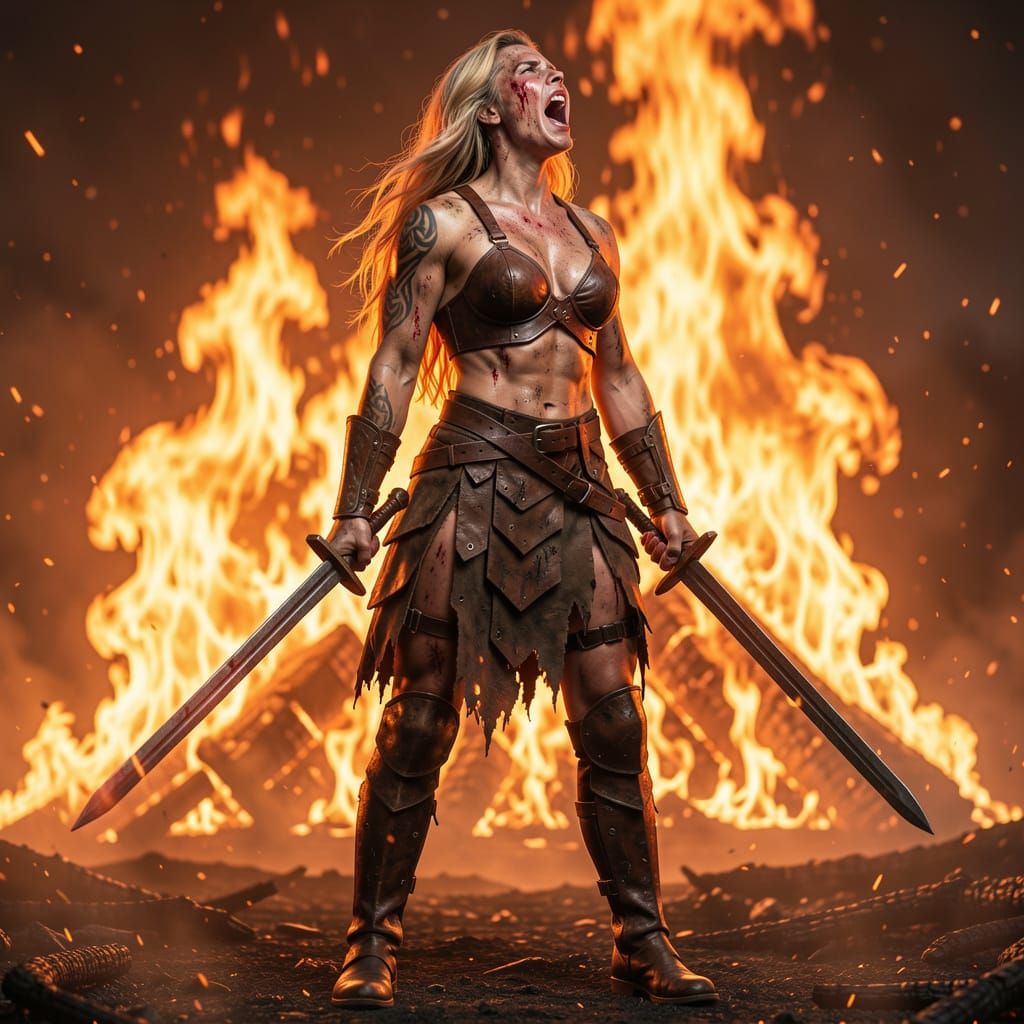 Full-body cinematic portrait of a fierce female warrior standing in profile, captured from a slightly low angle to empha...