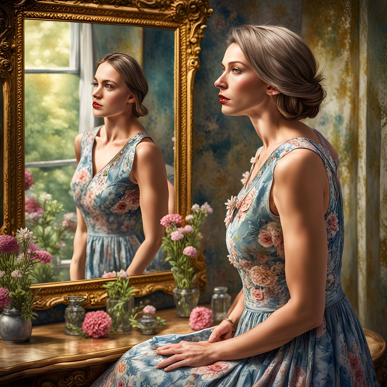 Hyperrealistic Woman in Floral Dress Reflecting in Mirror