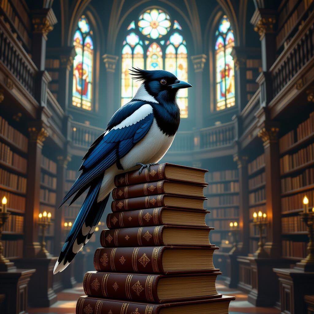 Magpie in Library, Fantasy Concept Art